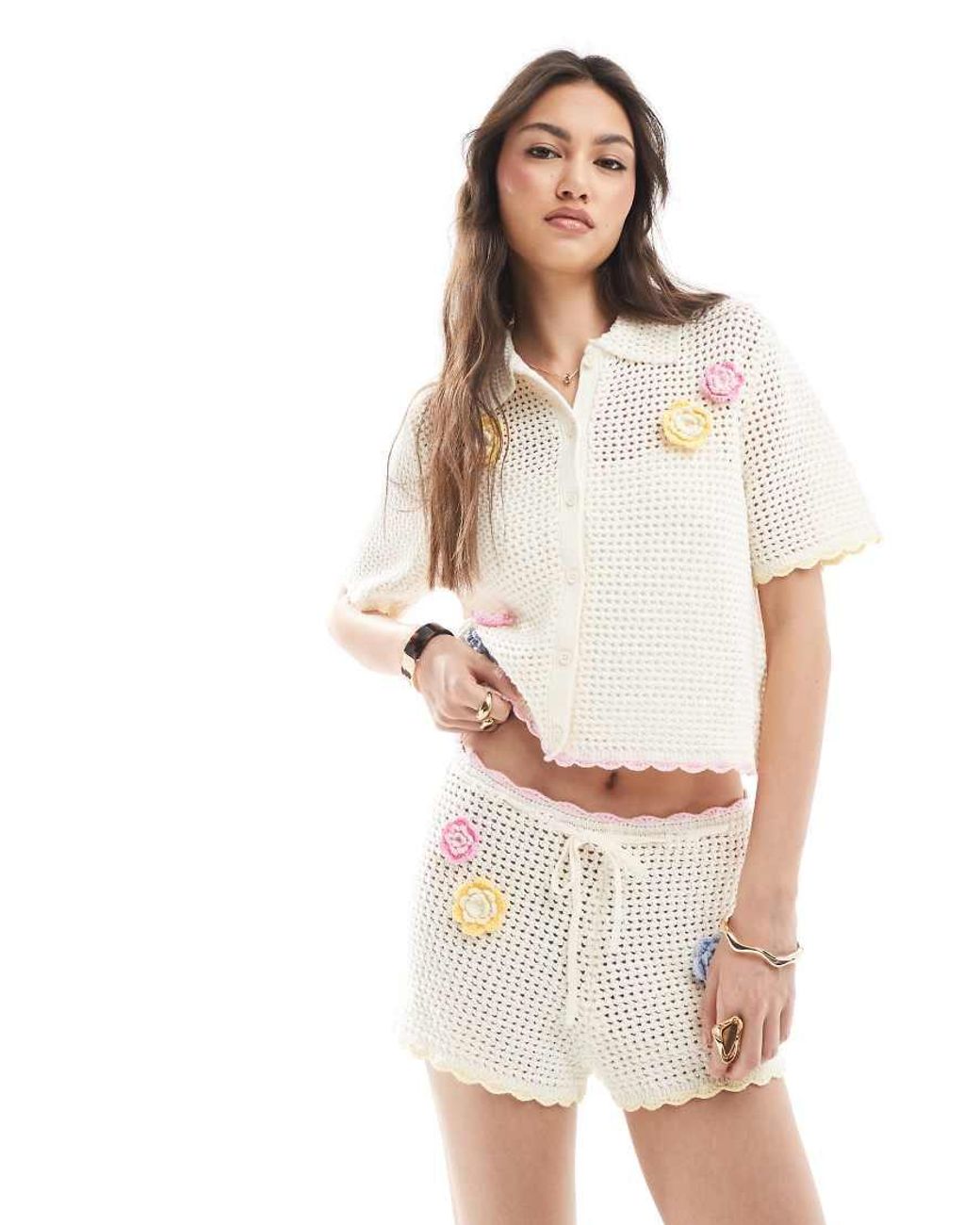The Frolic White Exclusive Beach Crochet Flower Detail Shorts Co-ord