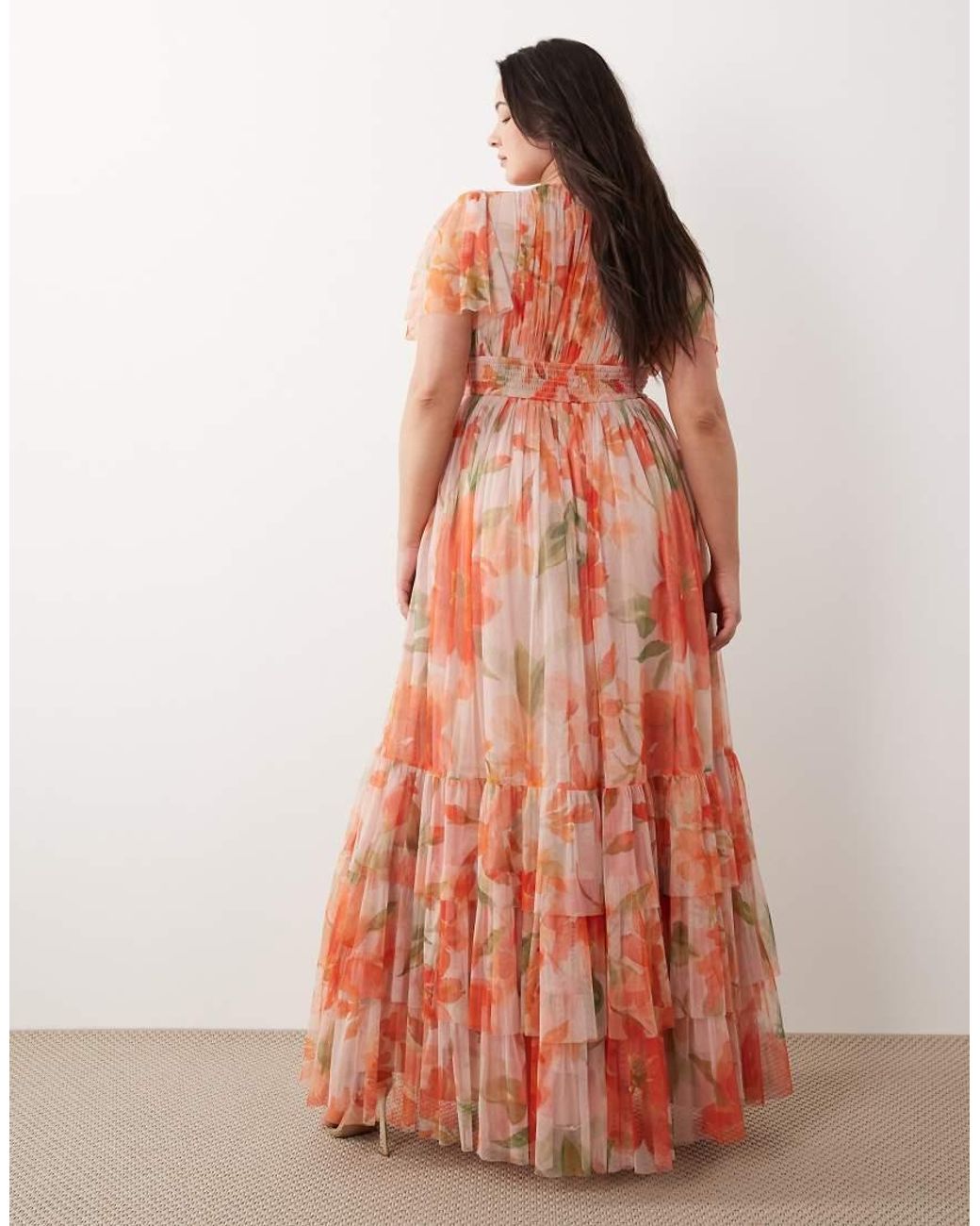 Lace & Beads Plus Orange Bridesmaid Madison Smocked Plunge Neck Flutter Sleeve Maxi Dress
