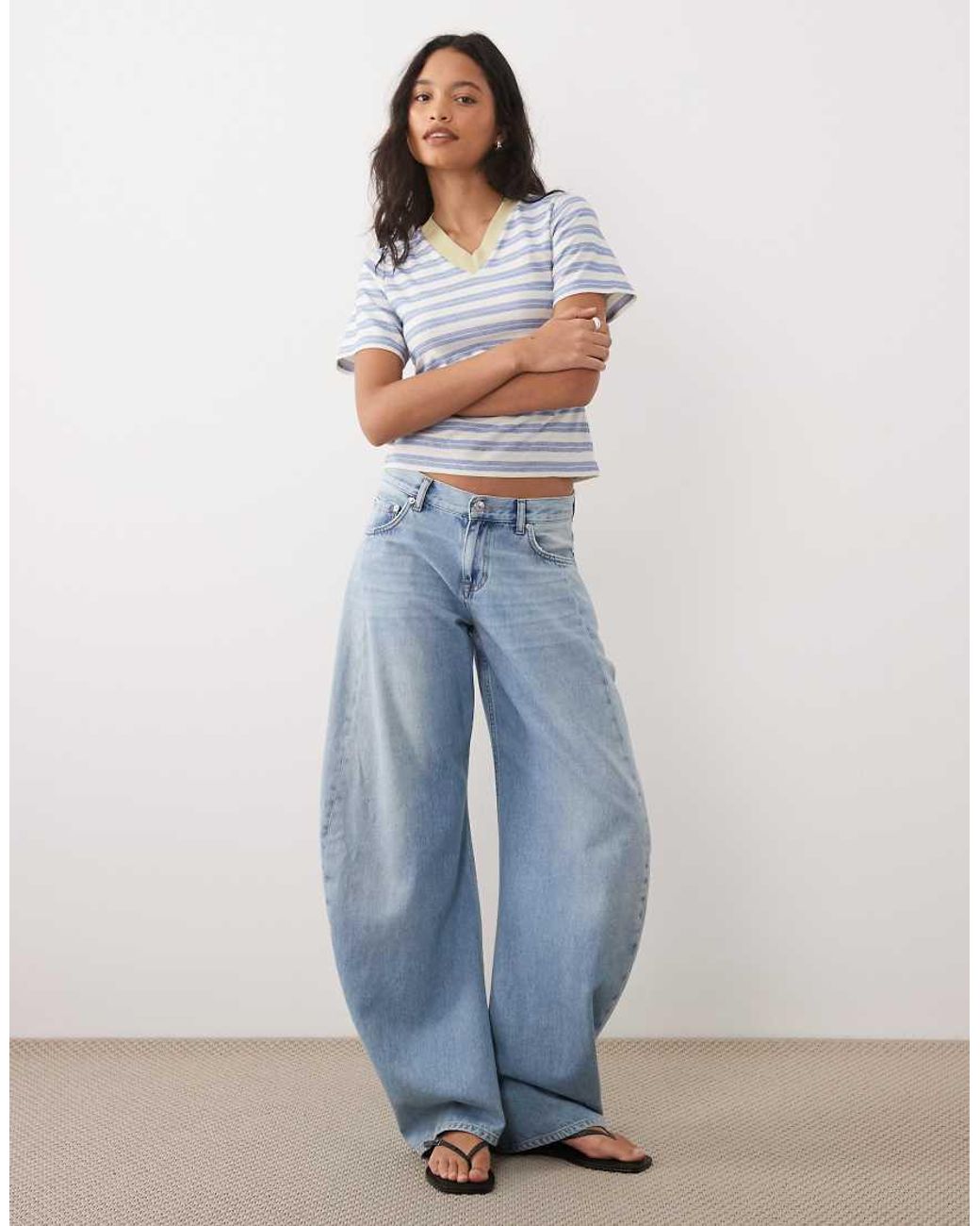 ASOS Blue Contrast Rib V Neck Cinched Waist Top