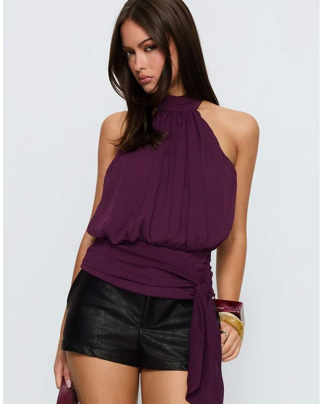 Princess Polly Purple Faythe High Neck Foldover Detail Tie Waist Detail Open Back Top