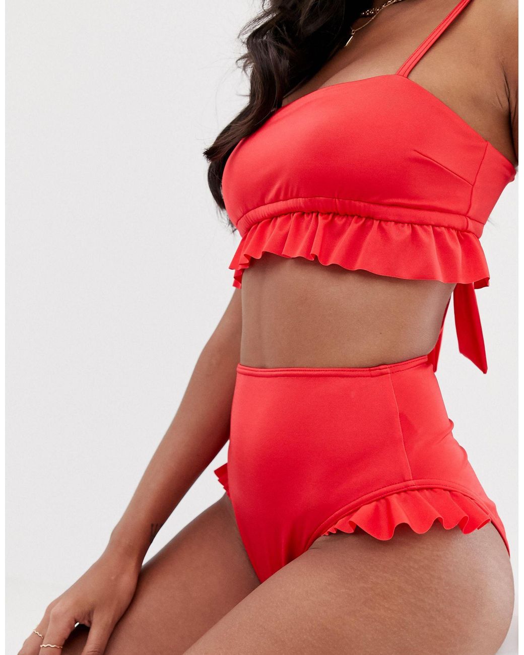 ASOS Denim Glam Frill Cut Out High Waist Bikini Bottom in Red Lyst