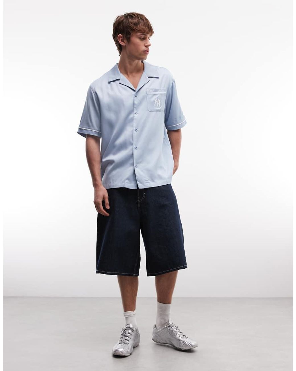 KTZ Blue Ny Yankees Logo Revere Collar Shirt for men