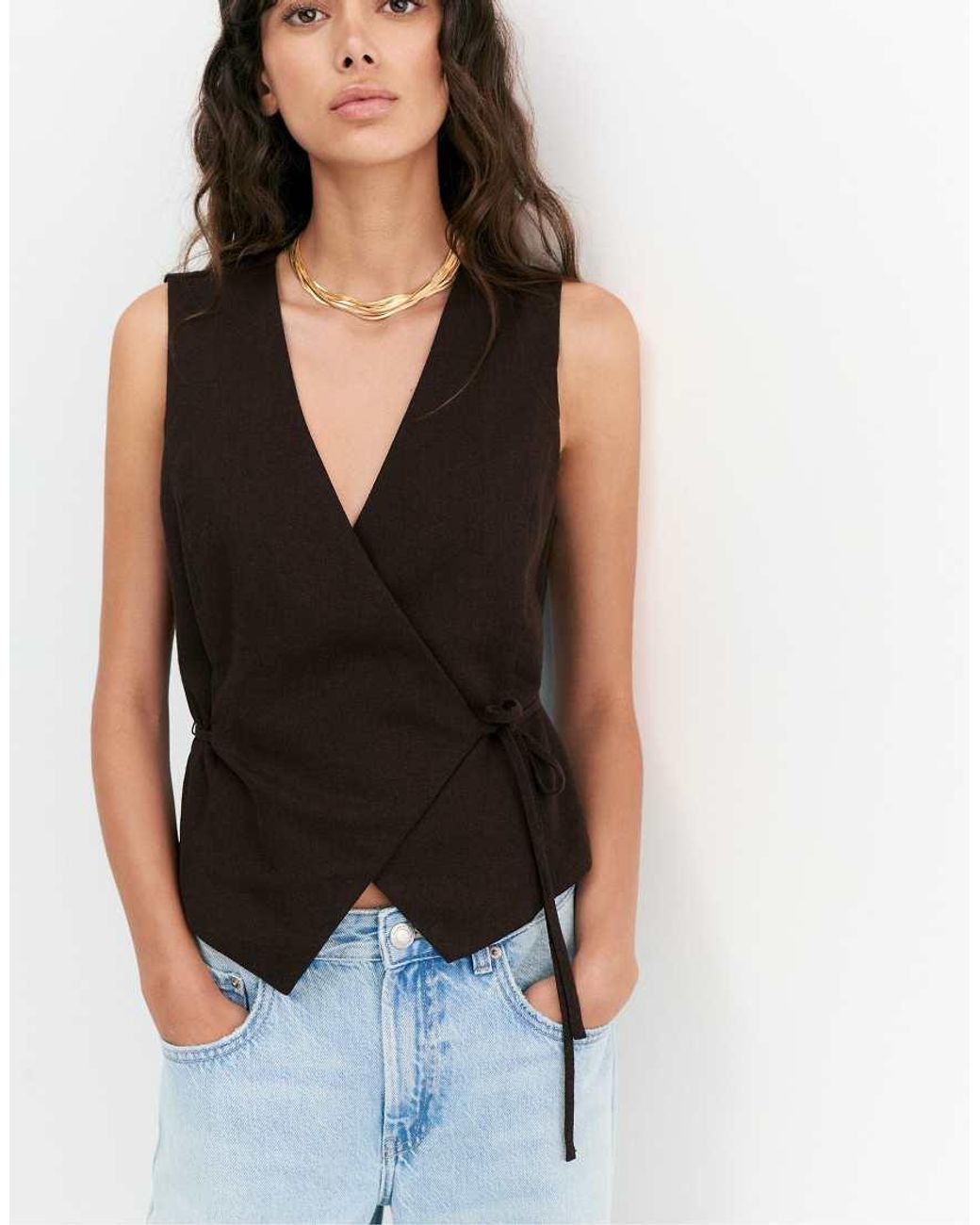 Pull&Bear Black Linen Blend Vest With Side Tie Fastening
