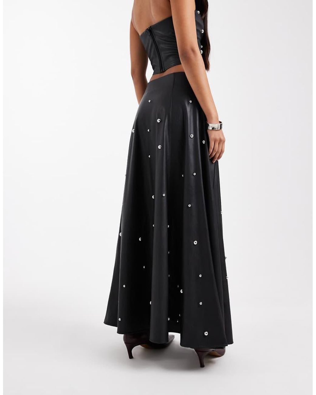 Miss Selfridge Black Faux Leather Studded Maxi Skirt