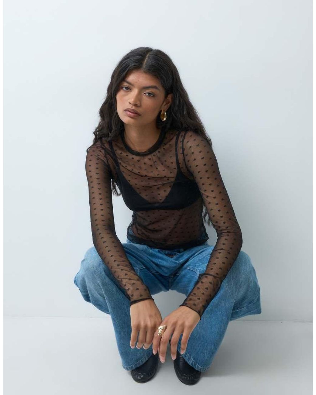Noisy May Brown Long Sleeve Mesh Top With Hearts