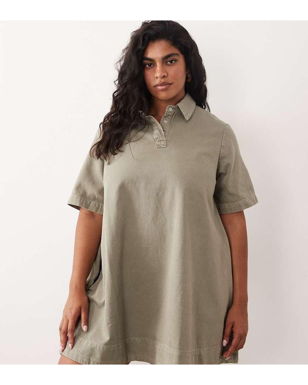 ASOS Brown Asos Design Curve Denim Trapeze Polo Dress
