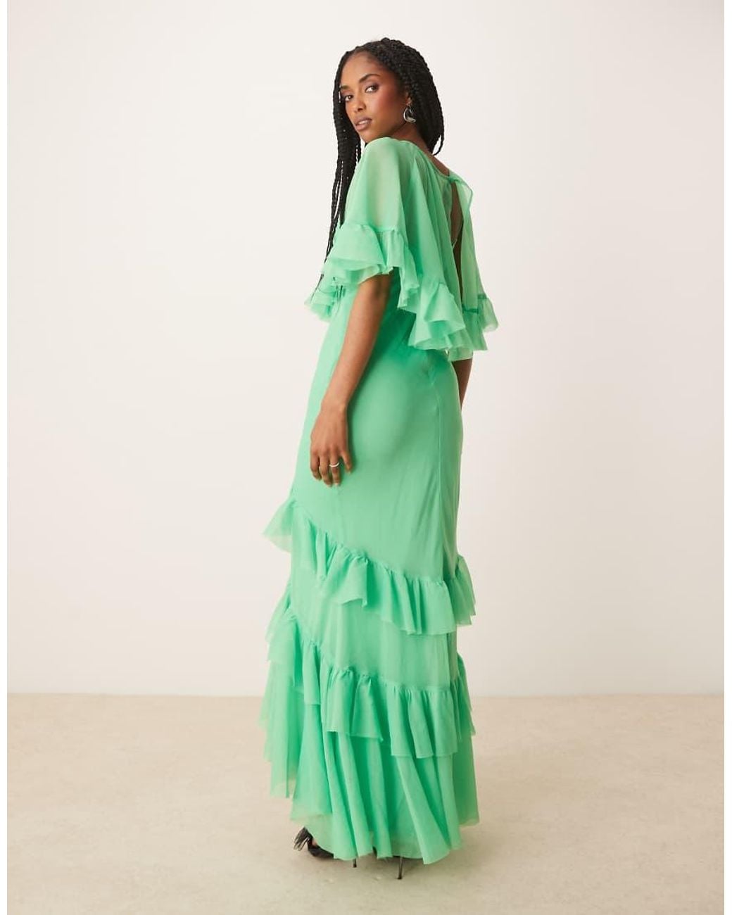 ASOS Green Cape Overlay Ruffle Bias Maxi Dress