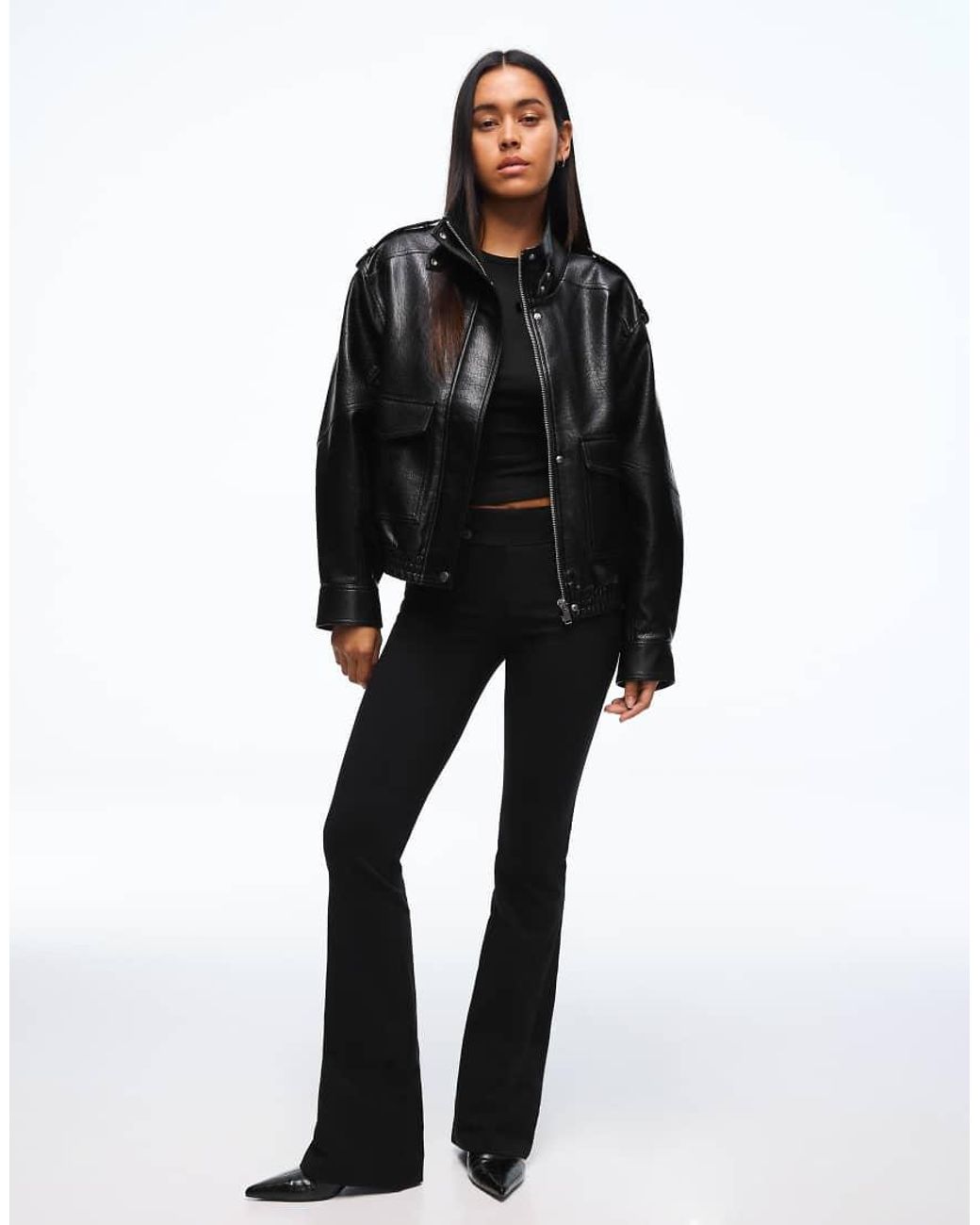 Bershka Black Leather Effect Funnel Neck Jacket