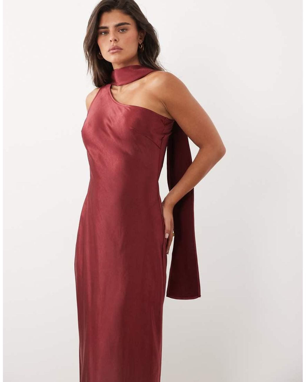 TFNC London Red Satin One Shoulder Maxi Dress With Scarf
