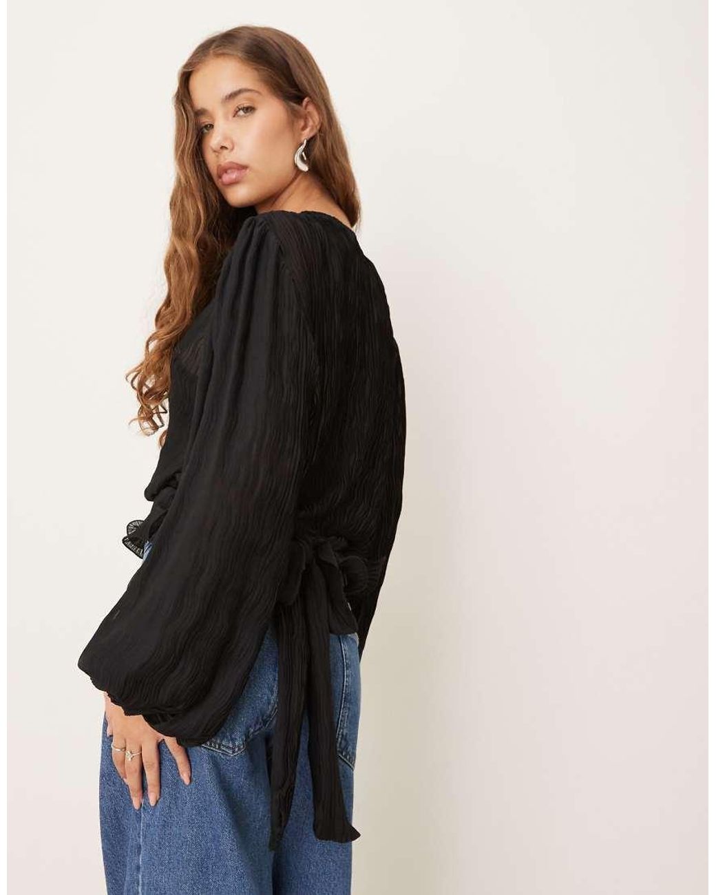 Gina Tricot Blue Crinkle Long Sleeve Wrap Blouse With Tie Detail