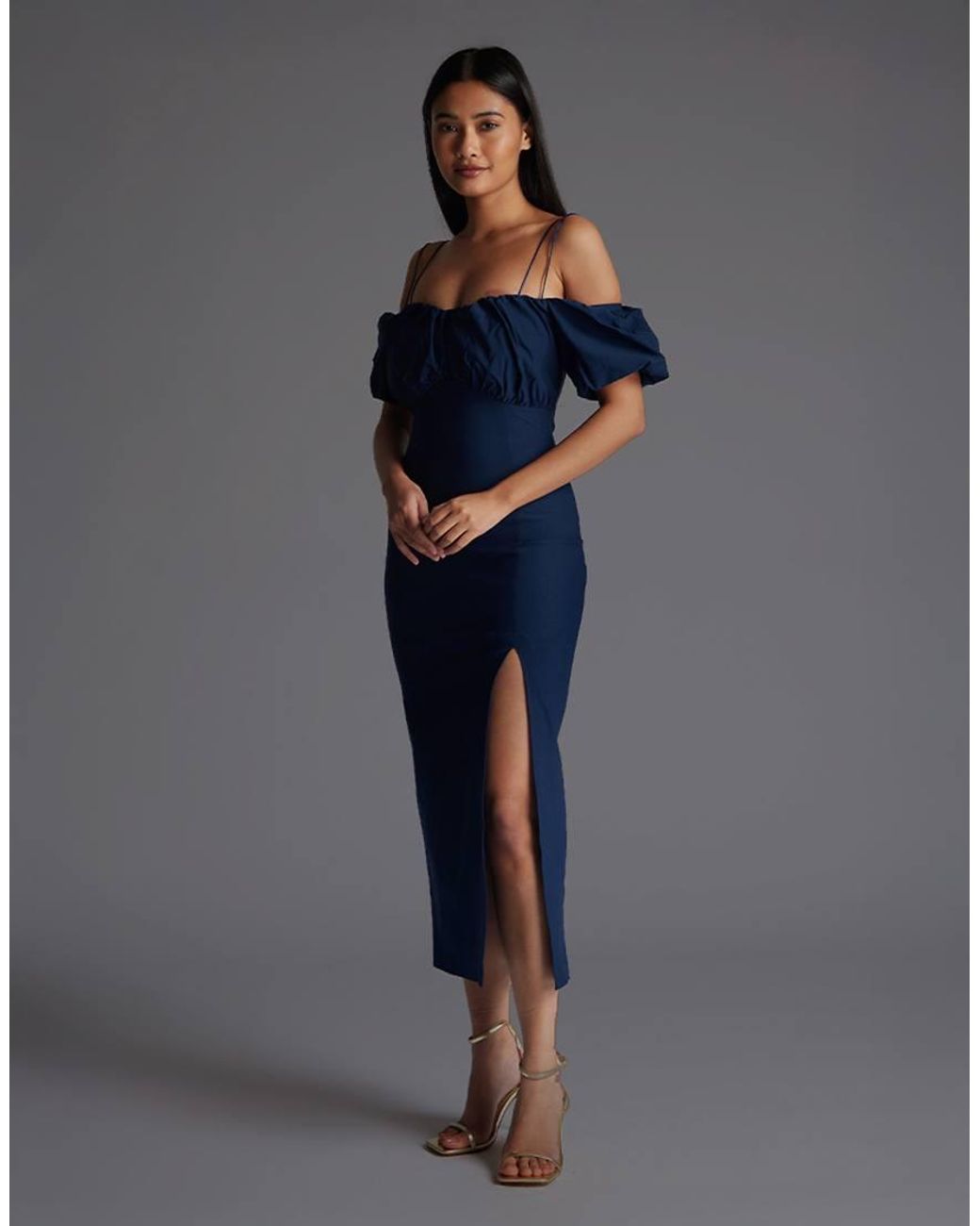 Vesper Blue Bardot Ruched Midaxi Dress With Short Sleeve