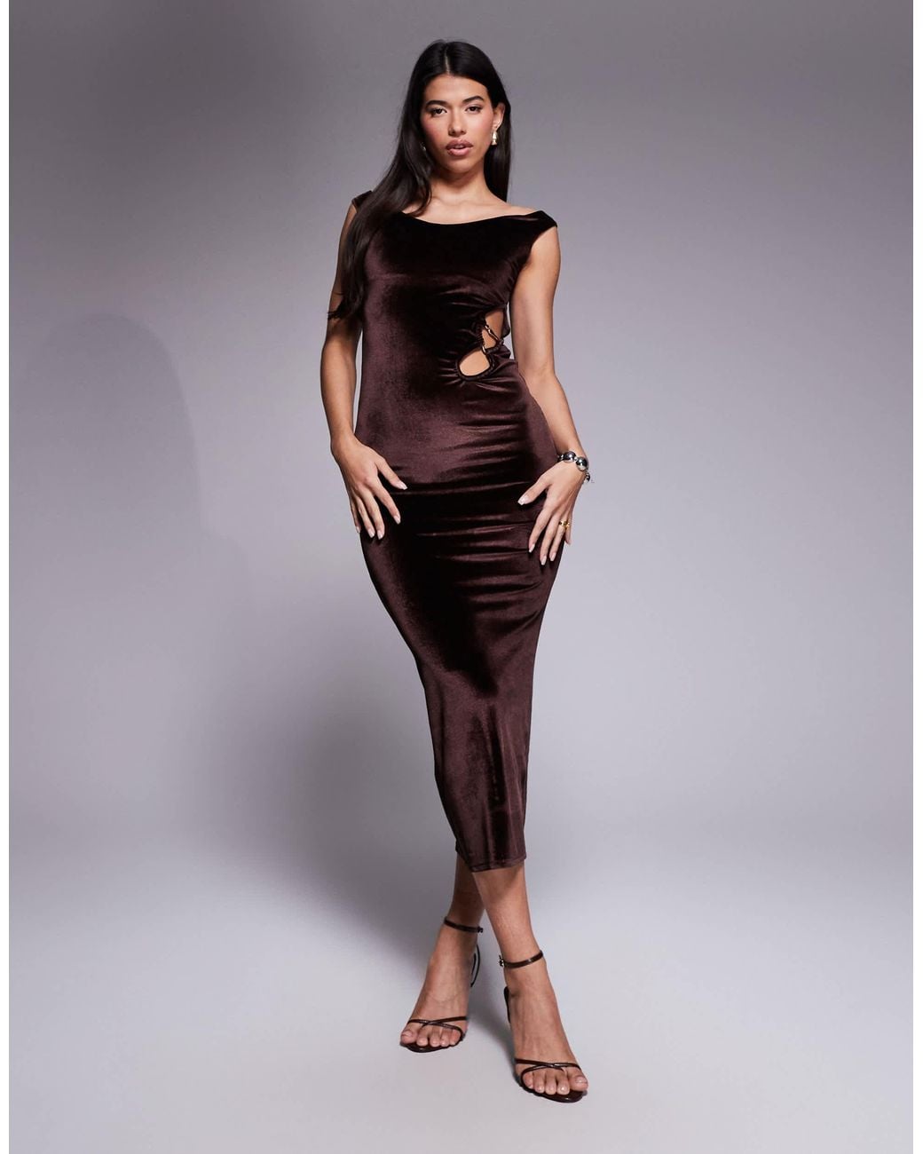 ASOS Velvet Off The Shoulder Midi Dress With Cut Out And Trim in Purple |  Lyst