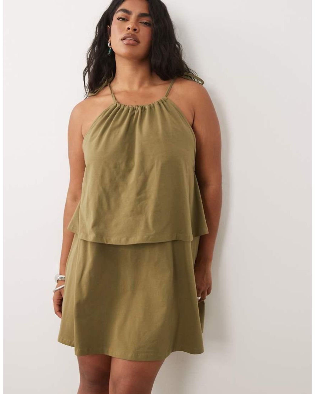 ASOS Green Asos Design Curve Tie Neck Baby Doll Mini Dress