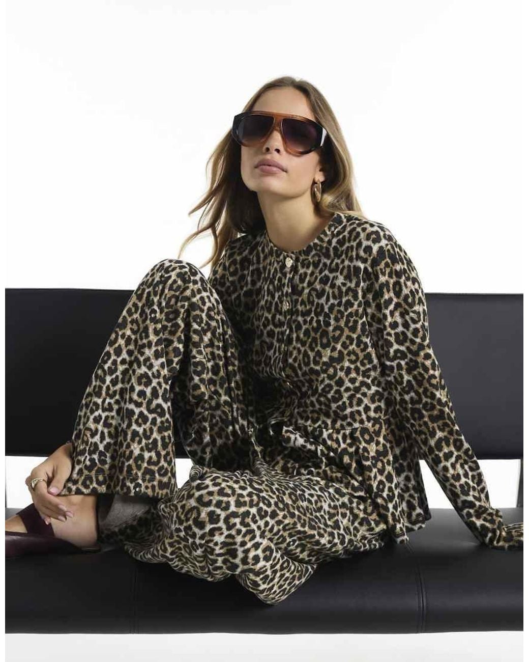 River Island Brown Leopard Print Jacquard Peplum Cardigan
