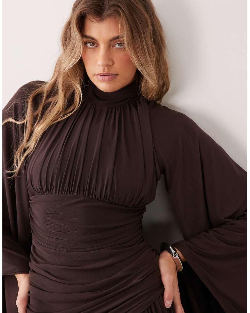 ASOS Brown Mesh High Neck Modesty Maxi Dress With Waterfall Sleeve Detail