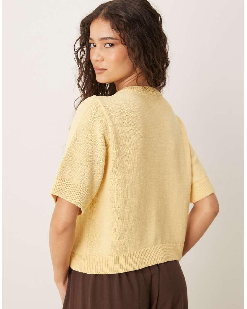 ASOS Natural Knitted Half Sleeve Cardigan With Shell Buttons