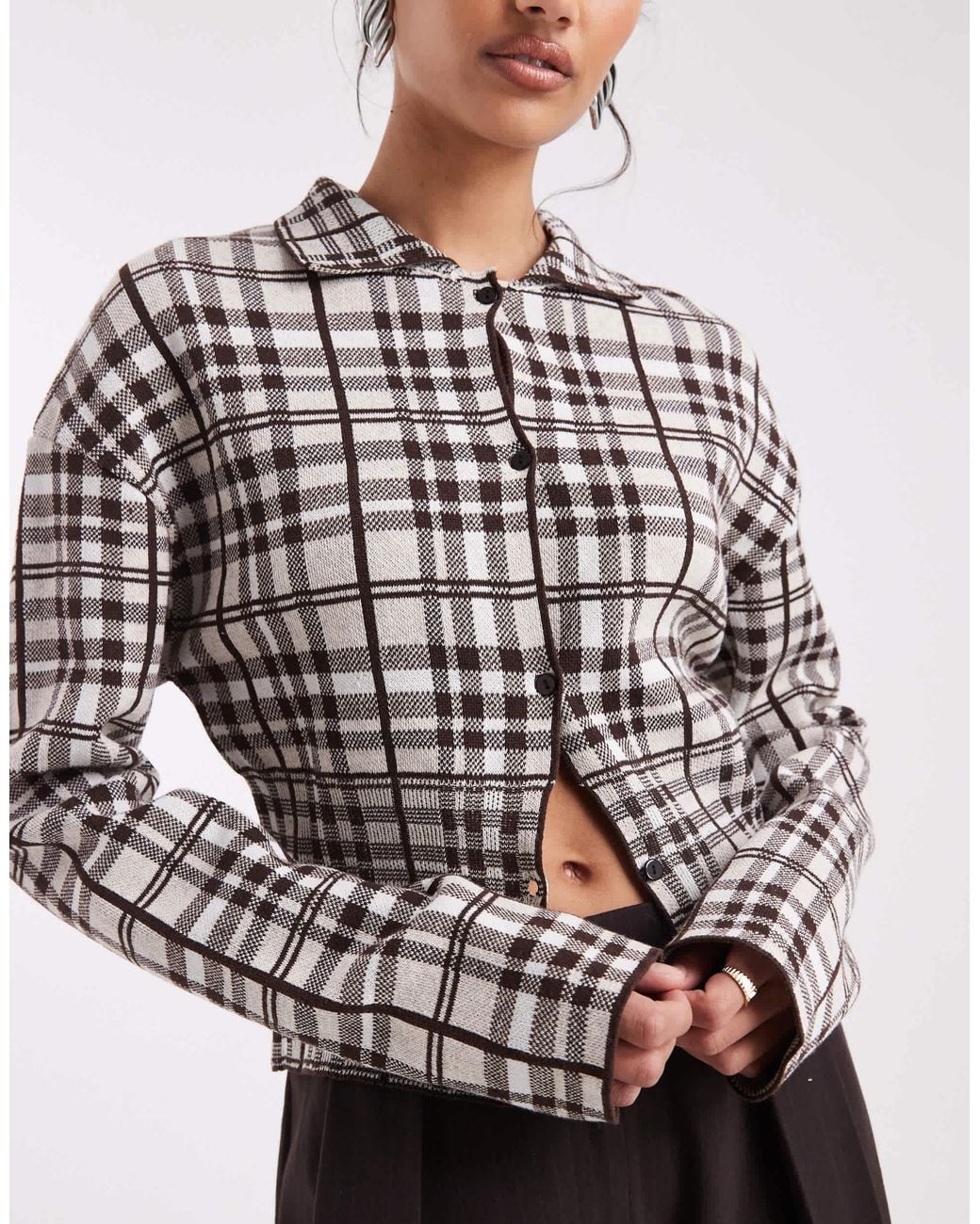 Collusion Gray Check Knitted Button Through Top