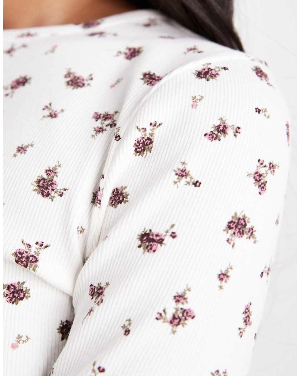 Miss Selfridge White Rib Crew Neck Top Ditsy Print