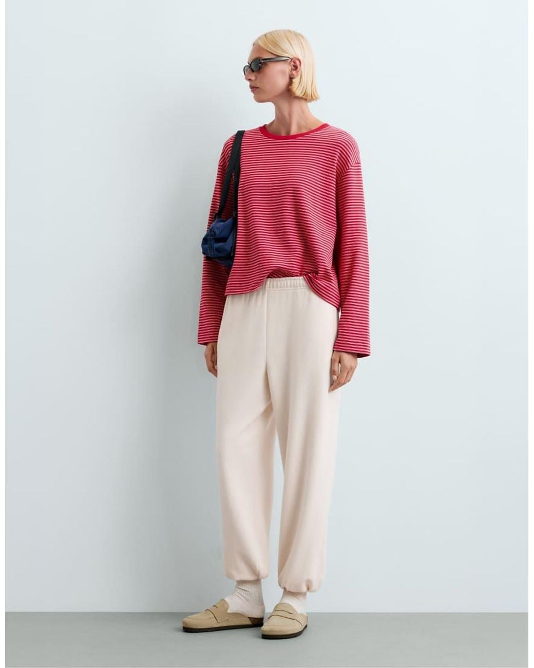 Oysho Red Striped Boxy Long-Sleeved Cotton-Blend T-Shirt