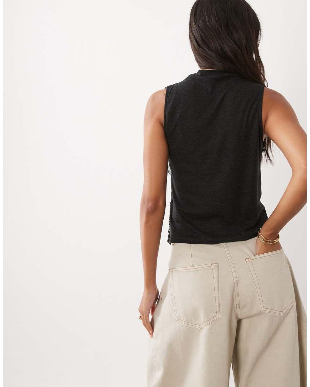 Mango Black High Neck Lace Detail Sleeveless Top