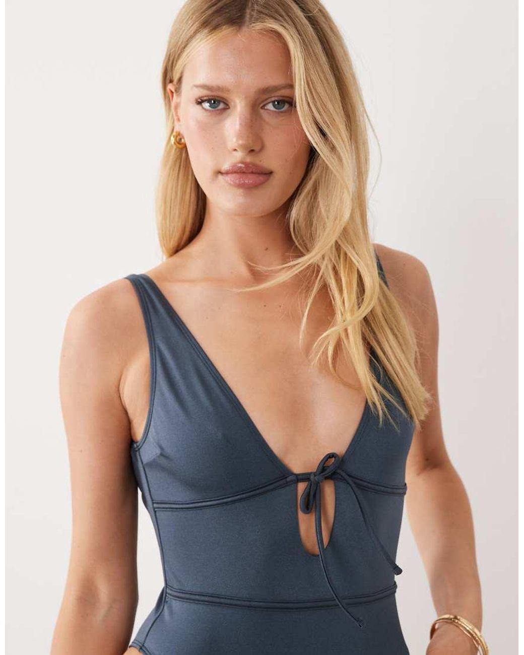 ASOS Blue Maya Bora Bora Tie Front Low Back Swimsuit