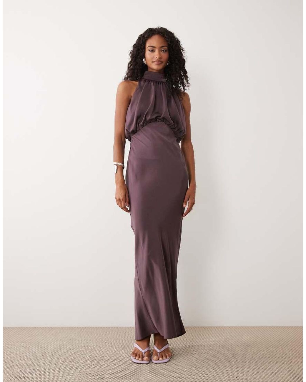 ASOS Purple Halter Neck Blouson Satin Maxi Dress
