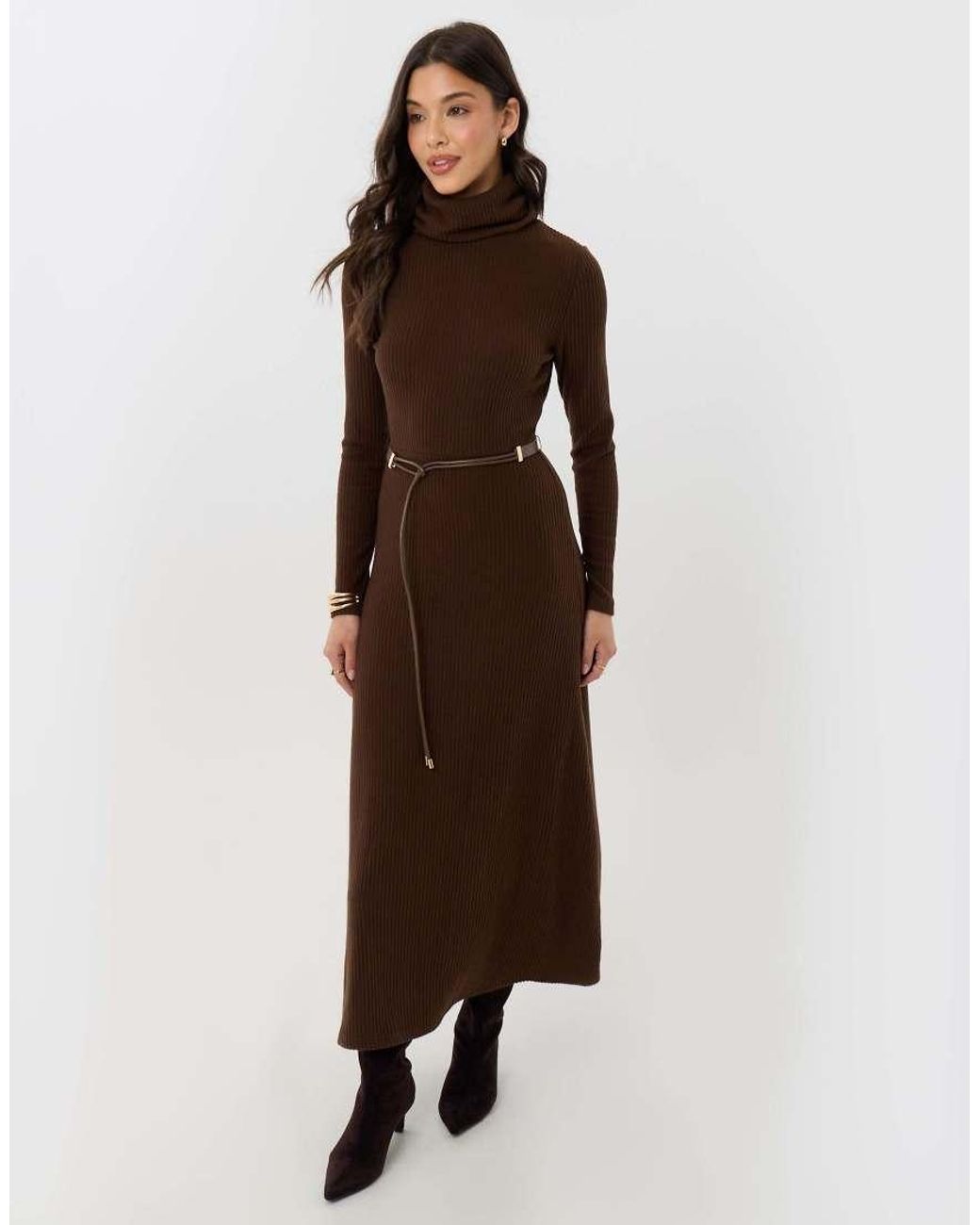 Threadbare Brown Ribbed Roll Neck Maxi Dress With Belt