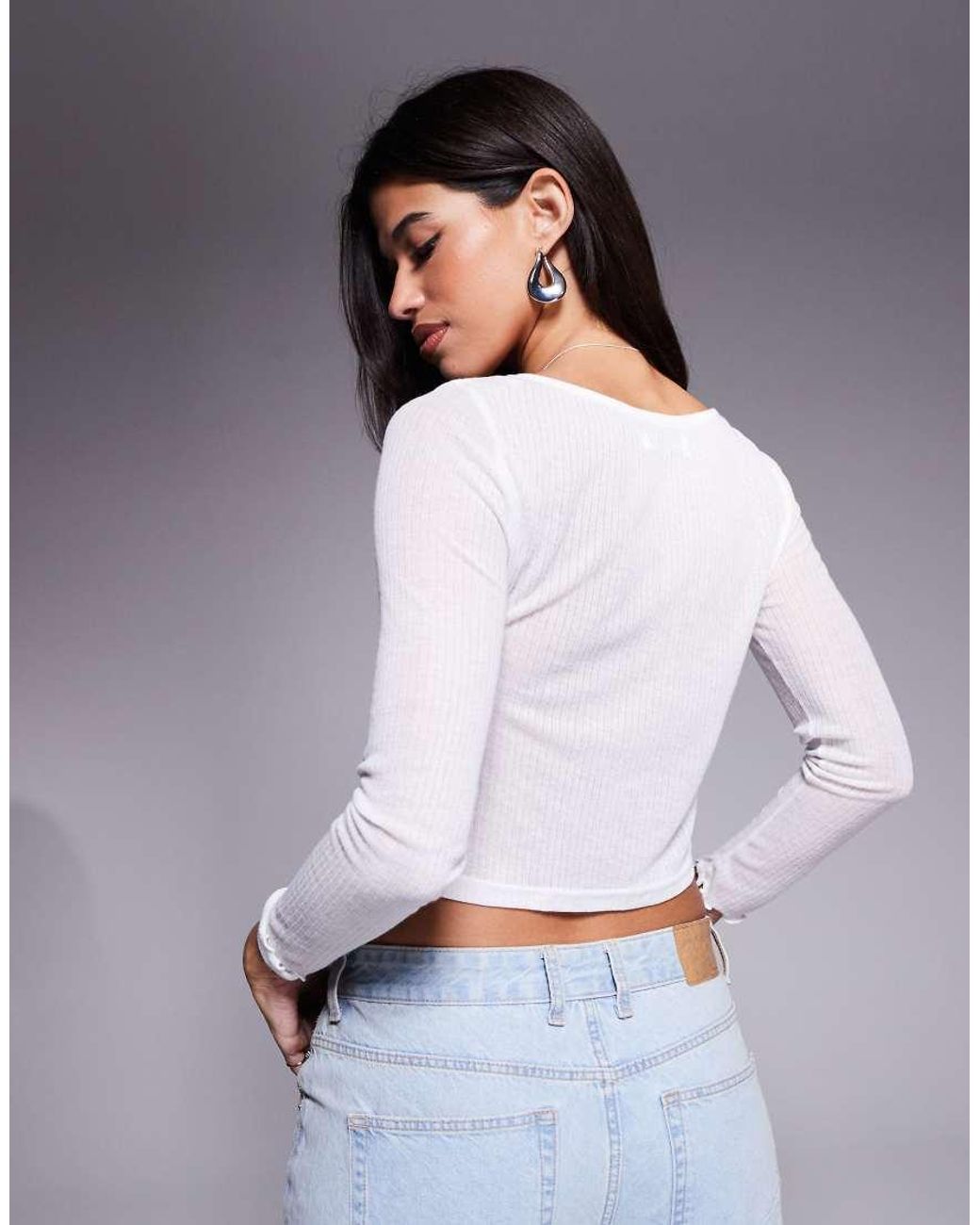 Princess Polly Gray Fine Rib Slash Neck Bust Detail Long Sleeve Top