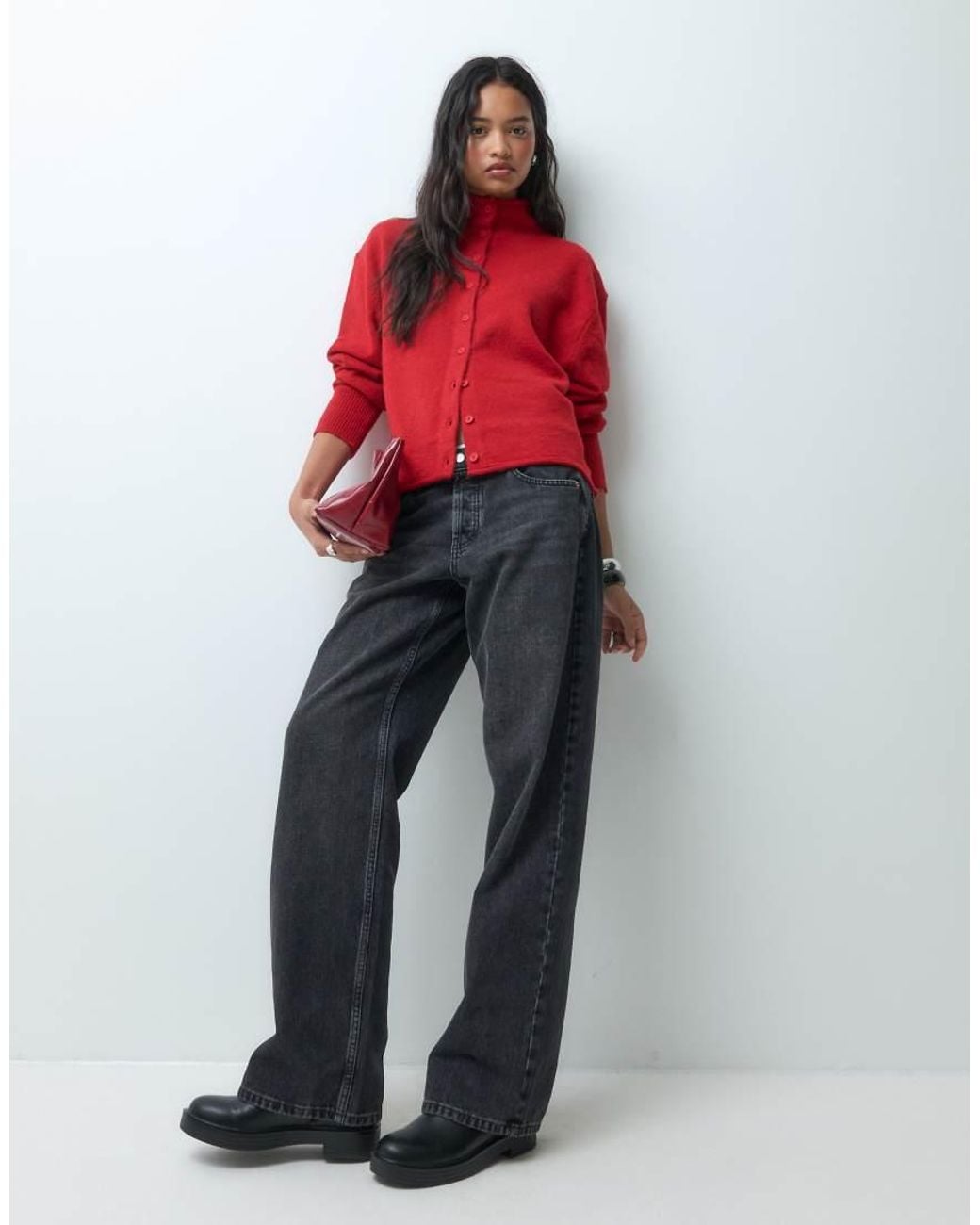 ASOS Red Funnel Neck Concealed Placket Relaxed Cardigan