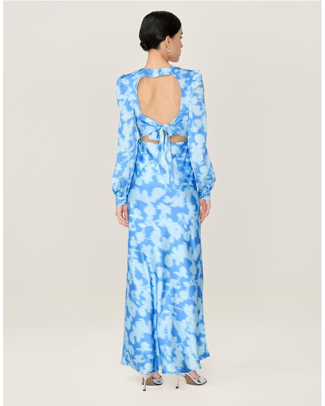 OMNES Blue Dresses Francoise Long Sleeve Floral Satin Maxi Dress With Open Back
