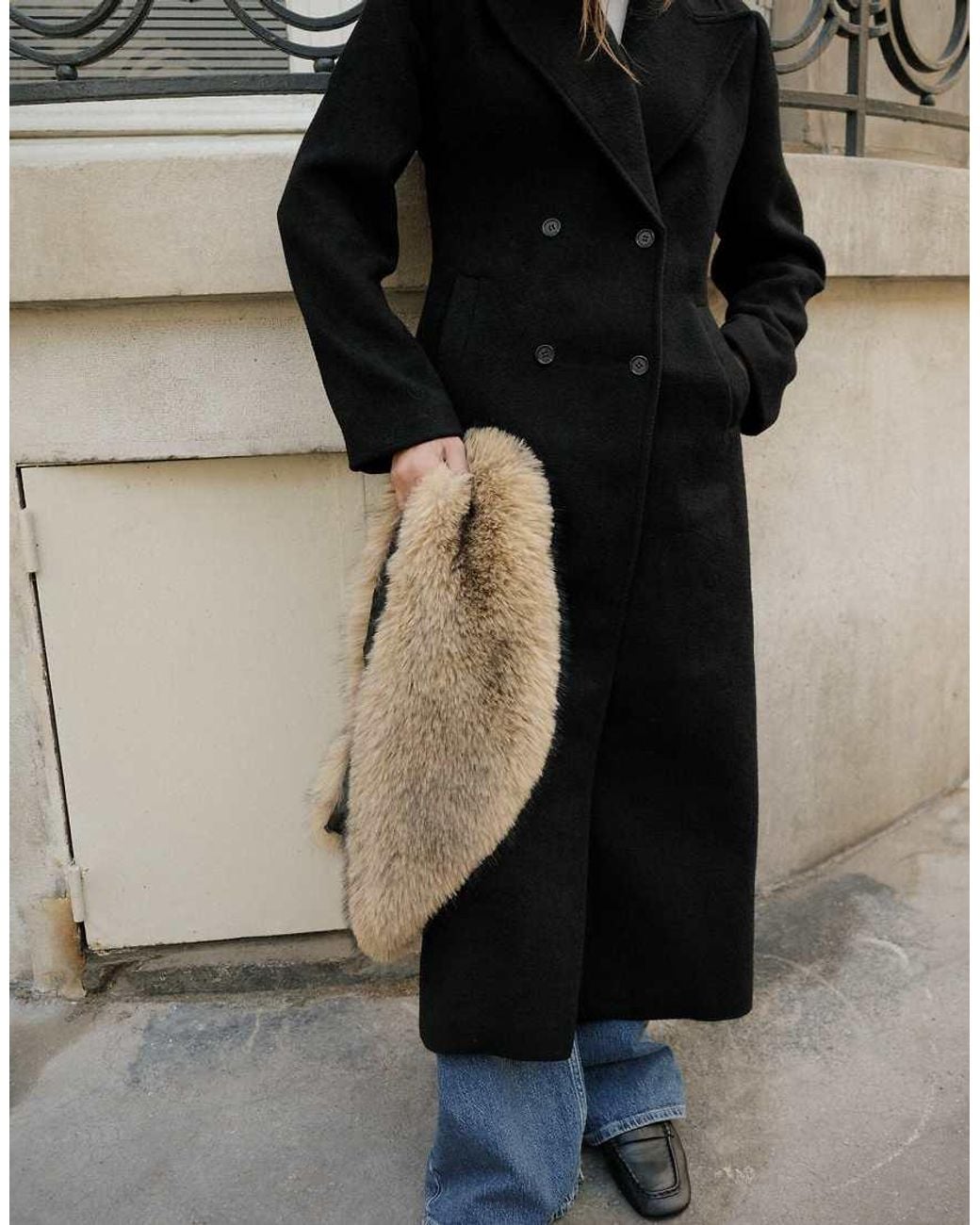 NA-KD Black Double Breasted Fur Detail Coat