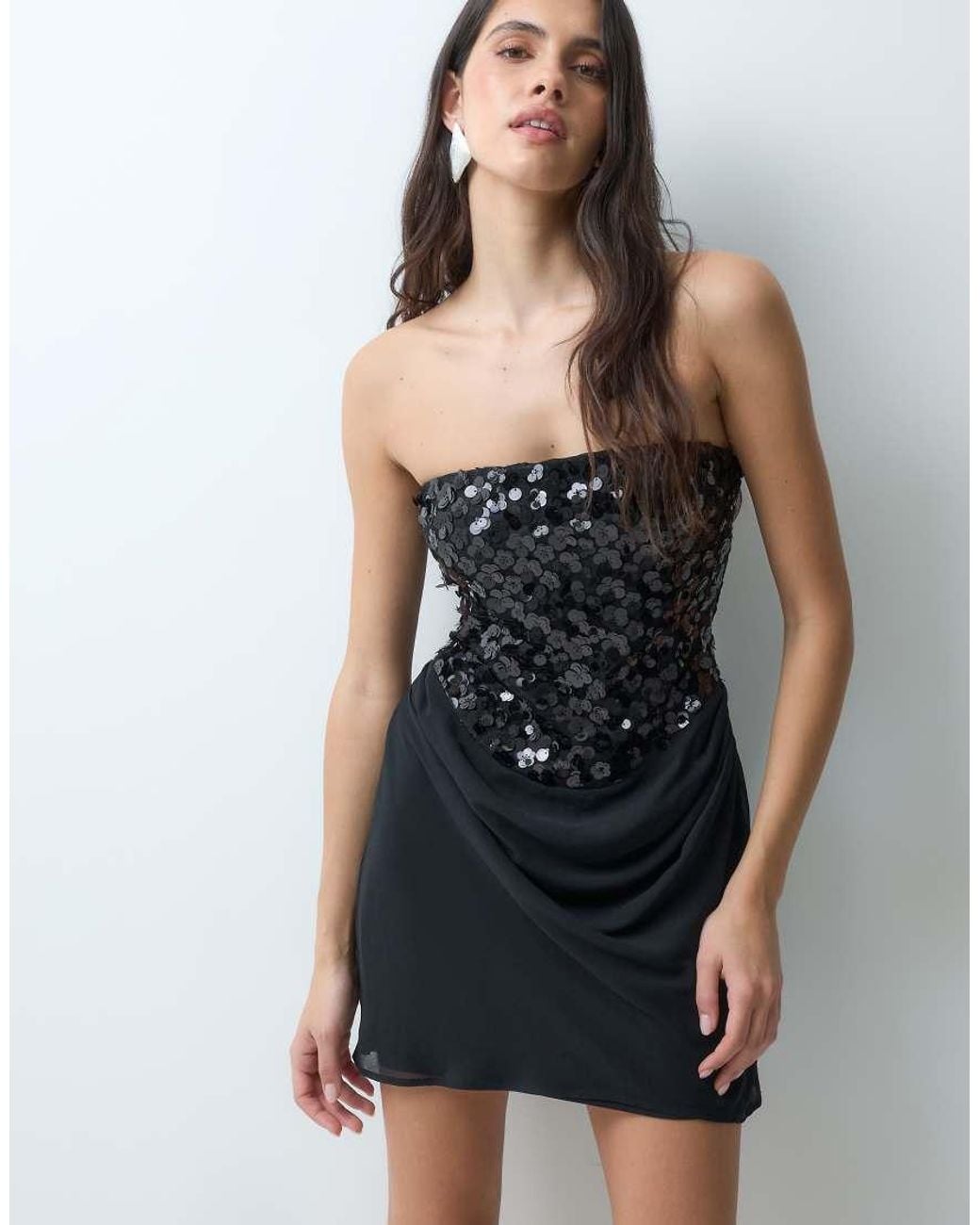 TFNC London Black Floral Sequin Bandeau Mini Dress With Chiffon Drape Detail
