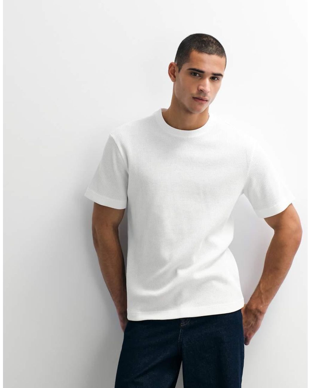 Only & Sons White Relaxed Fit Waffle T-shirt for men