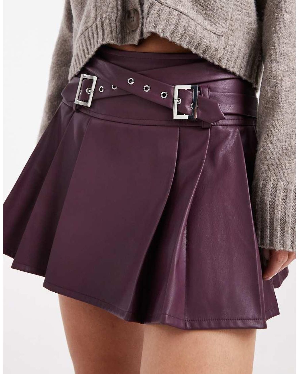 Miss Selfridge Purple Faux Leather Pleated Kilt With Buckles