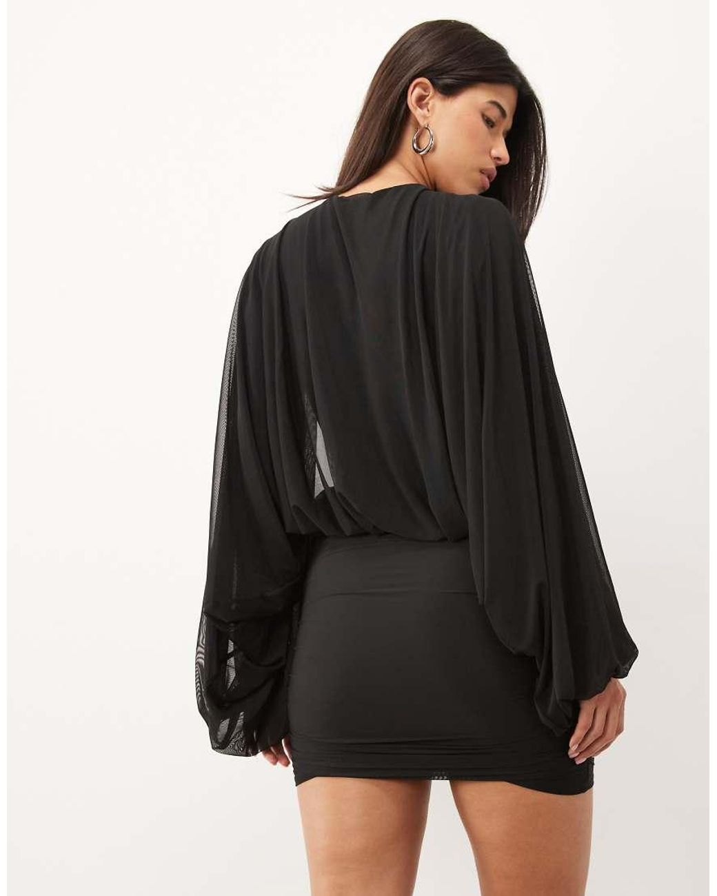 ASOS Black Mesh Mini Dress With Blouson Sleeve And Cut Out