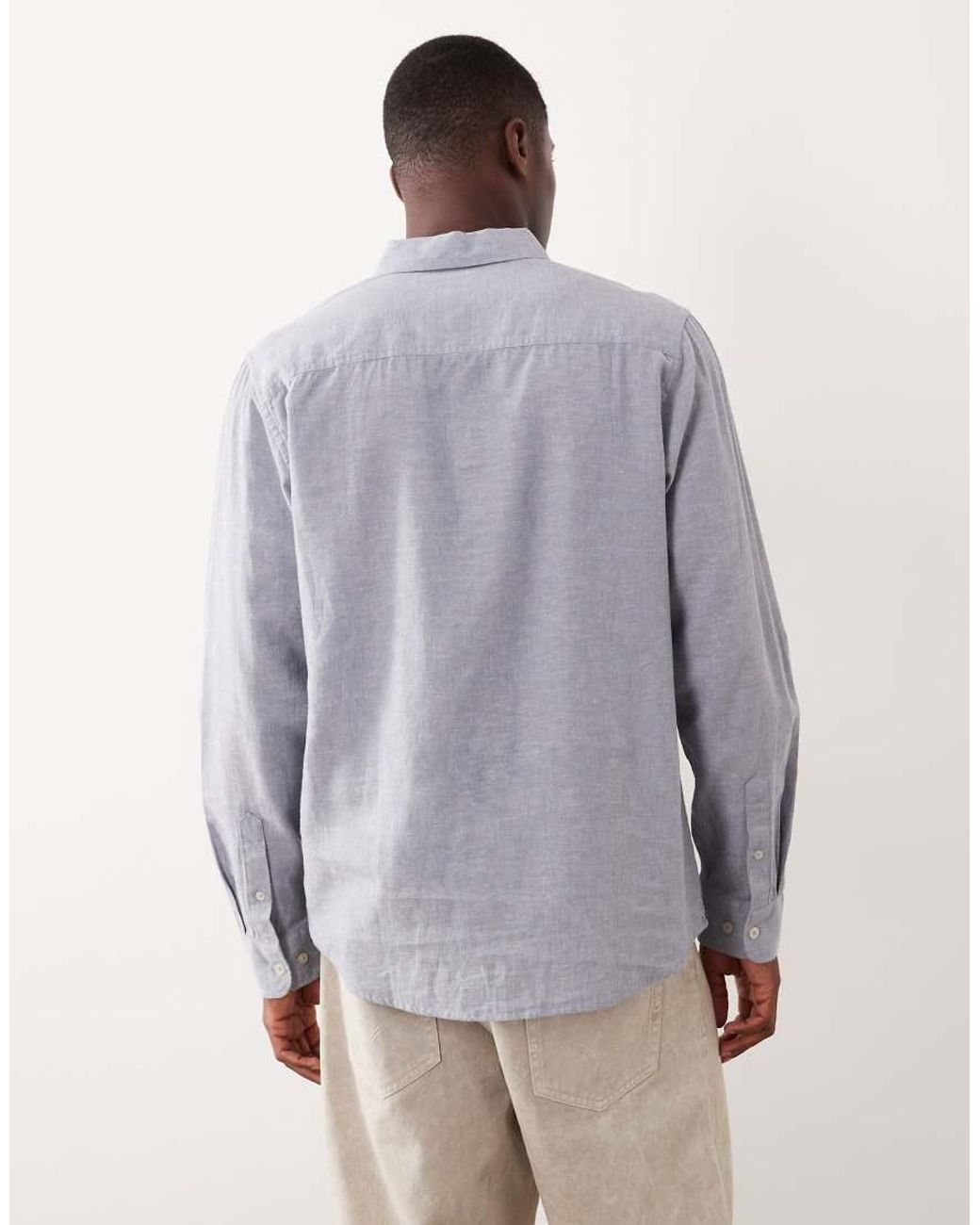 Threadbare Blue Long Sleeve Linen Mix Shirt for men