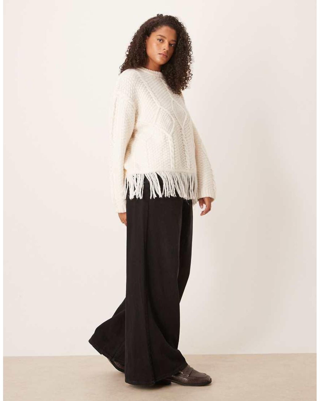 ASOS Natural Asos Design Curve Cable Knit Crew Neck Fringe Jumper