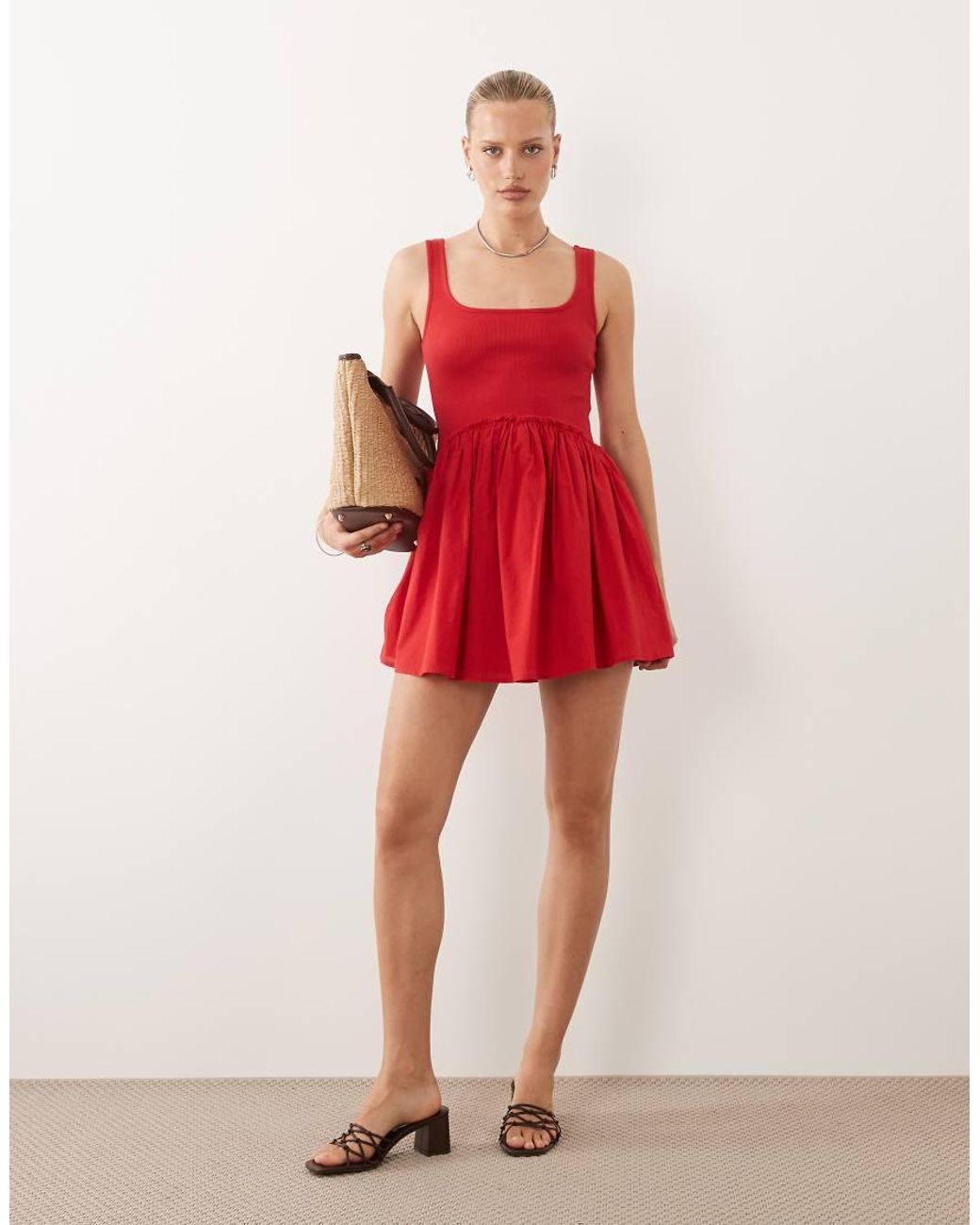 ASOS Red Scoop Ribbed Bodice With Poplin Skirt Mini Dress