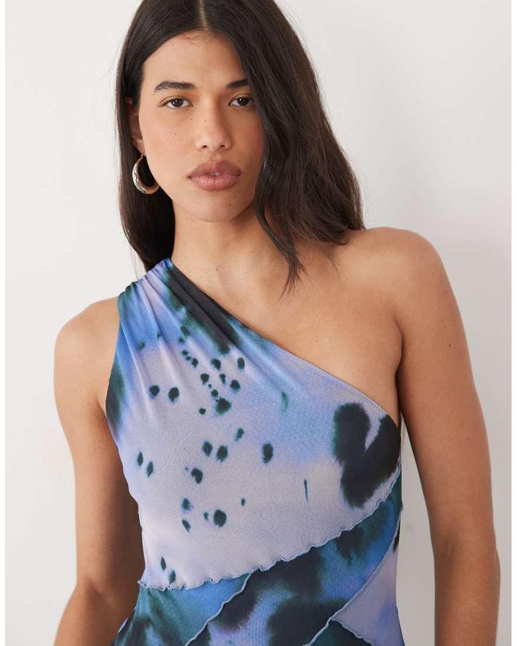 ASOS Blue Mesh One Shoulder Exposed Seams Maxi Dress With Full Hem