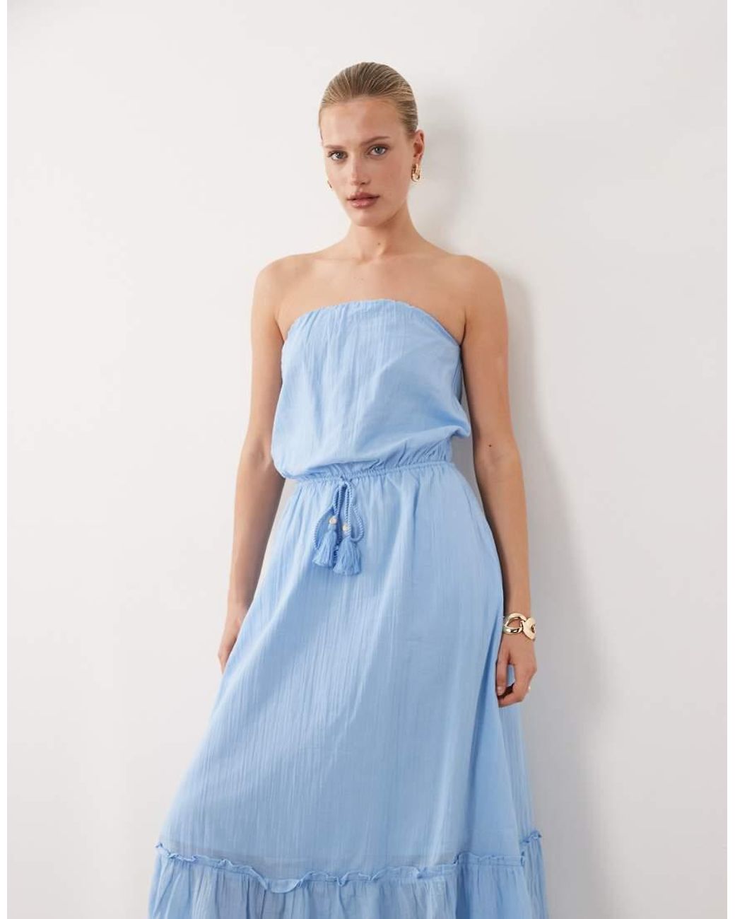 Abercrombie & Fitch Blue Embellished Cutwork Strapless Maxi Dress