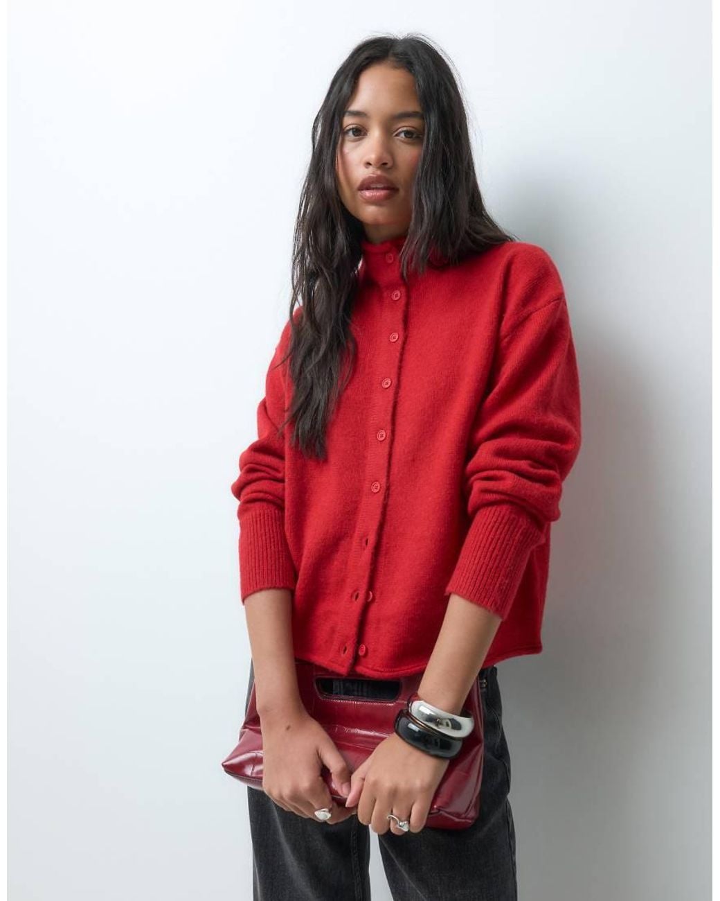 ASOS Red Funnel Neck Concealed Placket Relaxed Cardigan