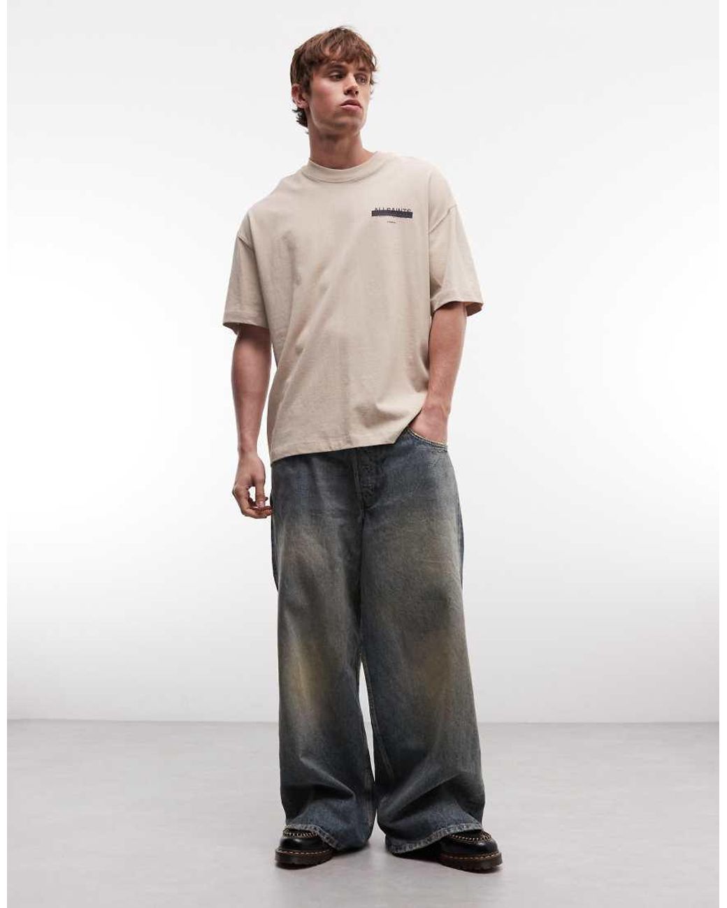 AllSaints Natural Redact Oversized Embroidered Logo T-shirt With Back Print for men