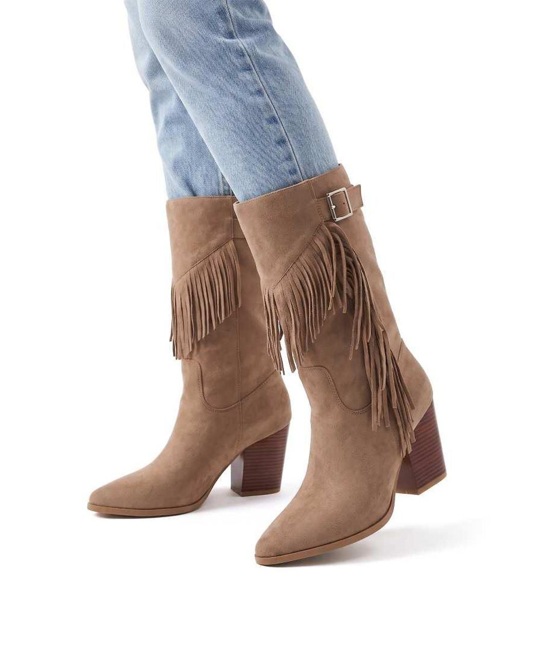 SEQWL Wide Fit Brown Western Cowboy Calf Boots Block Heel With Side Tassel Detail