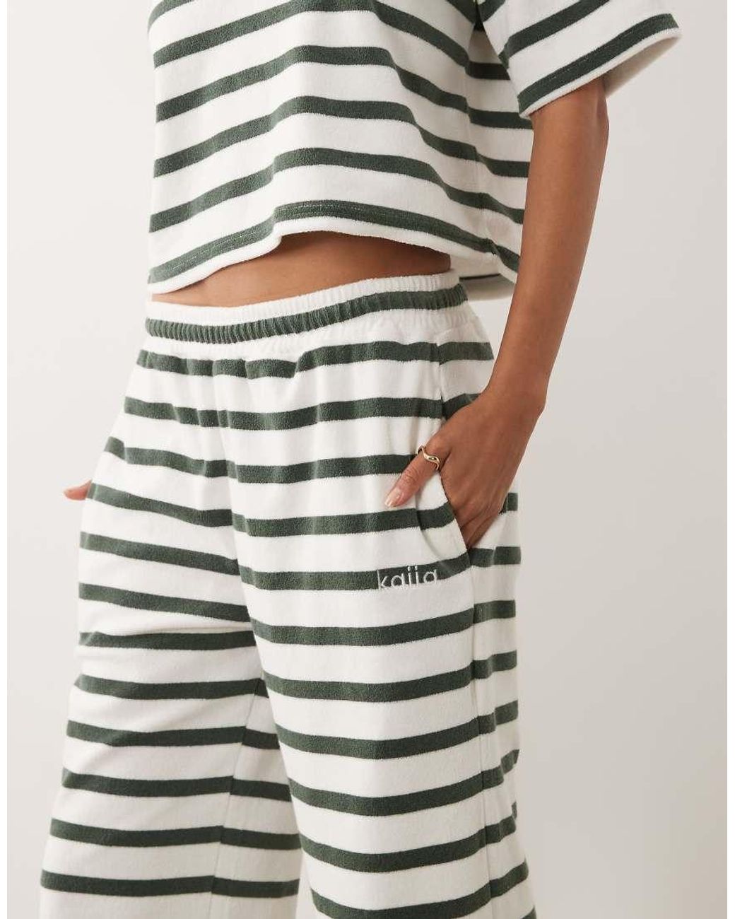 Kaiia White Exclusive Cotton Rich Embroidered Logo Wide Leg Towelling joggers Co-ord