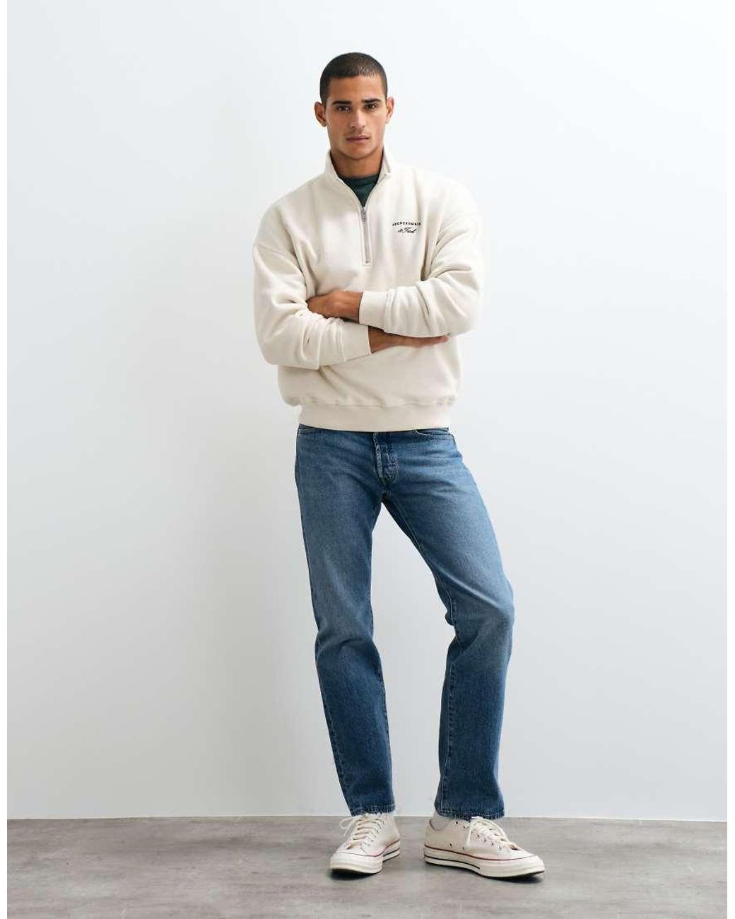 Abercrombie & Fitch White Script Logo Oversized 1/4 Zip Sweatshirt for men