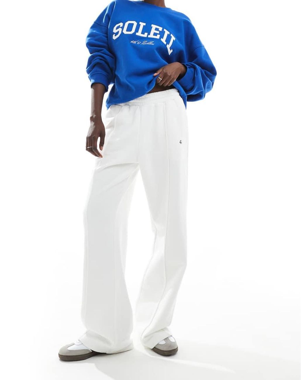 4th & Reckless Blue Cotton Embroidered Logo Seam Detail Wide Leg joggers