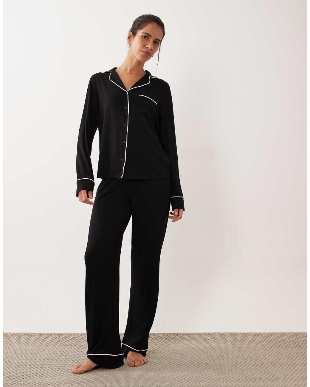 ASOS Black Viscose Super Soft Long Sleeve Shirt & Trouser Pyjama Set