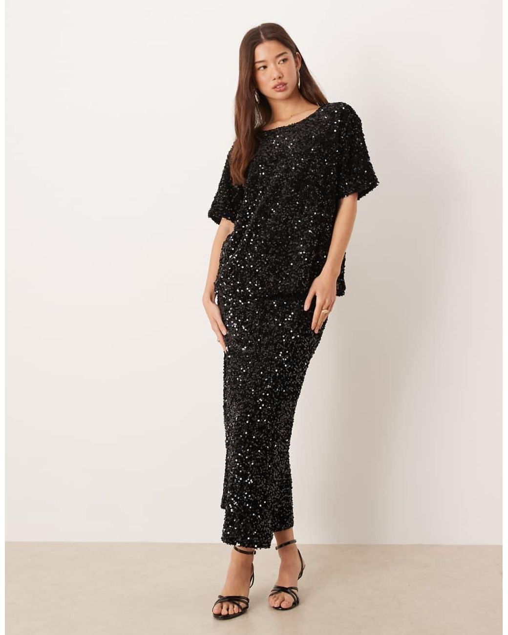 Vila Black Sequin & Velour T-shirt Co-ord