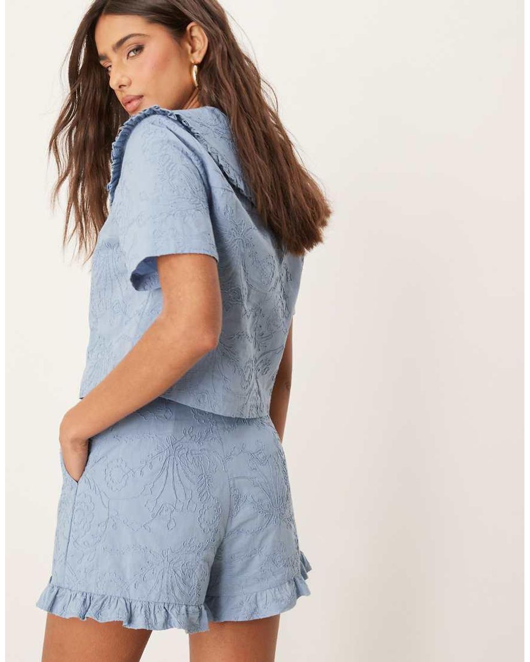 ASOS Blue Frill Hem Shorts With Floral Embroidery Co-ord