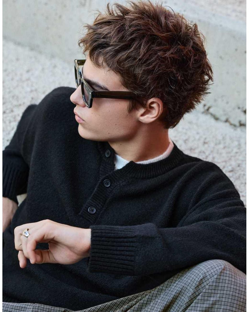 Bershka Black Contrast Knit Henley Jumper for men